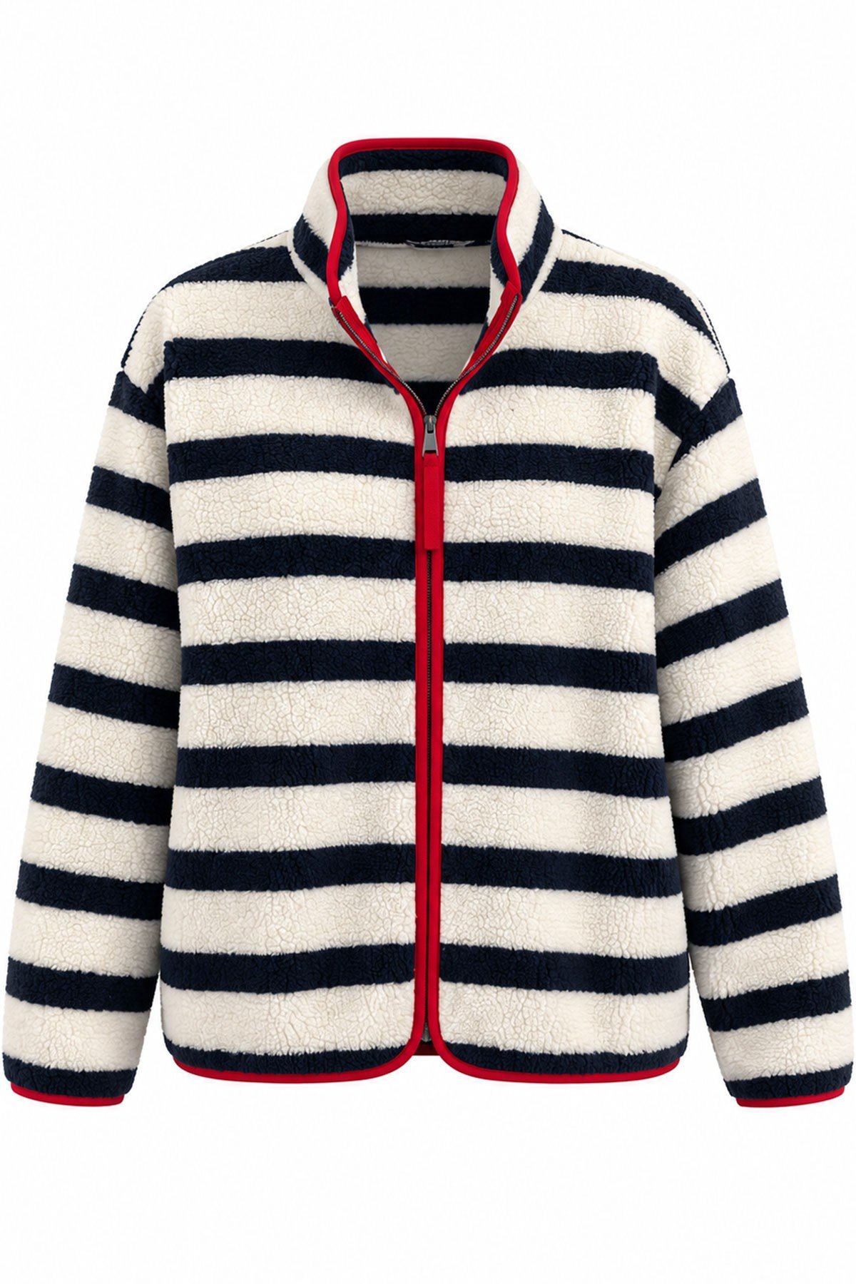 PREMİUM ÇİZGİLİ FERMUARLI POLAR HIRKA- LACİVERT-KIRMIZI