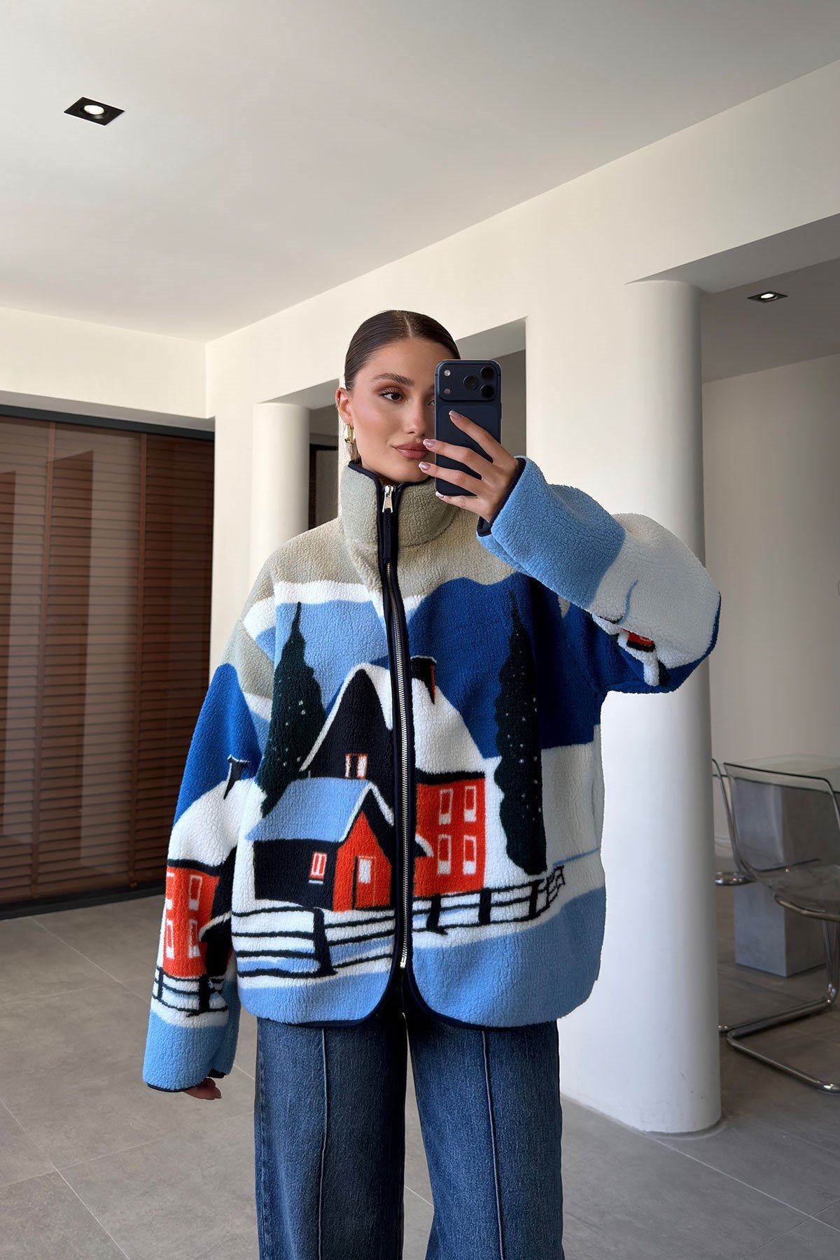 PREMİUM DESENLİ FERMUARLI POLAR- SAKS