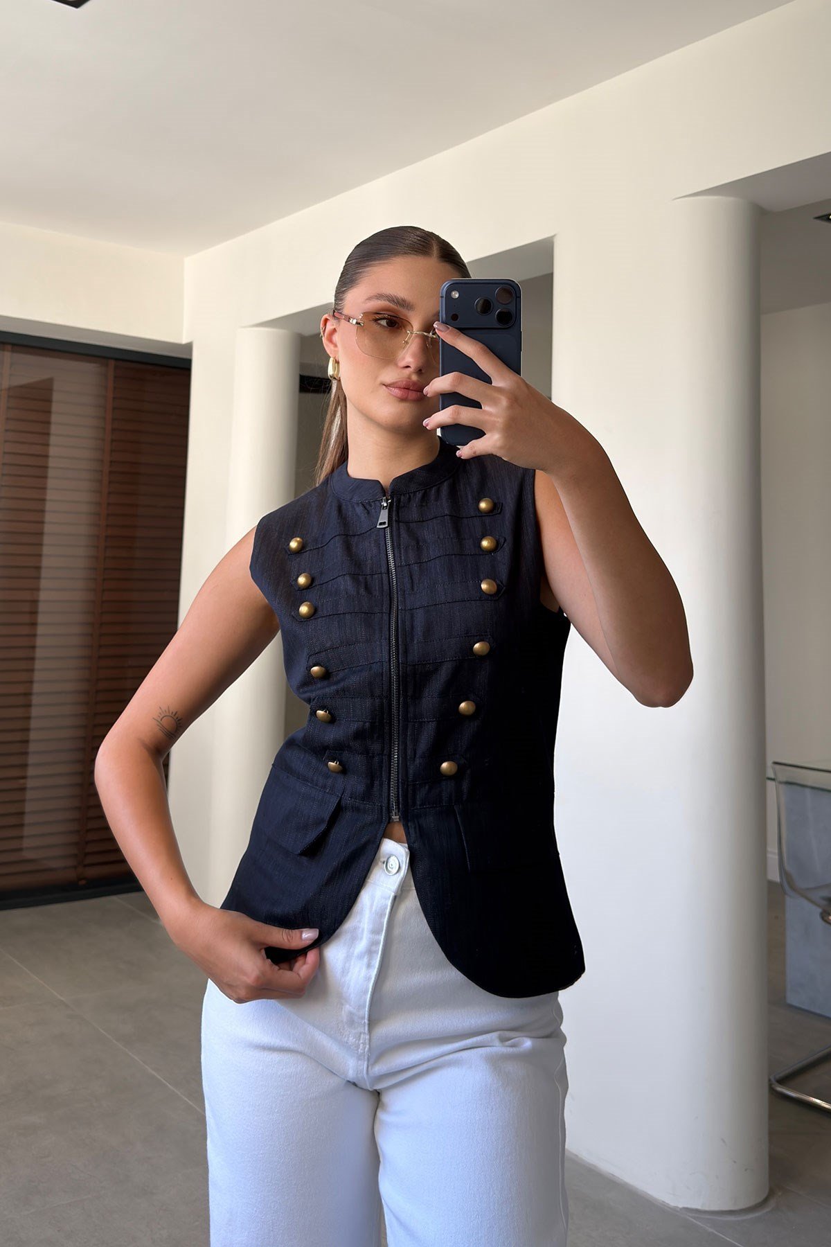 Premium Dik Yaka Fermuarlı Jean Yelek- KOYU LACİVERT