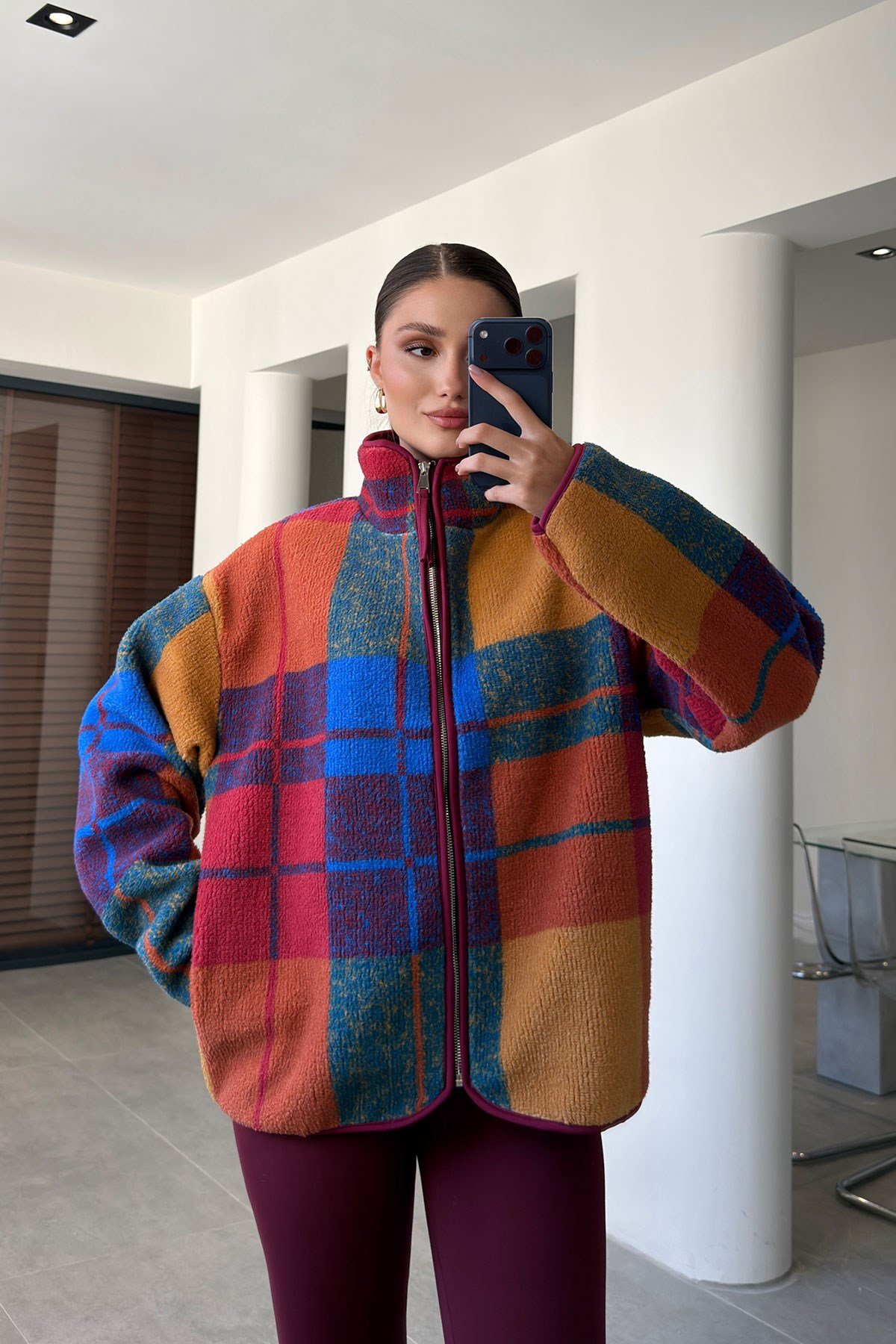 PREMİUM EKOSE DESEN FERMUARLI POLAR- BORDO