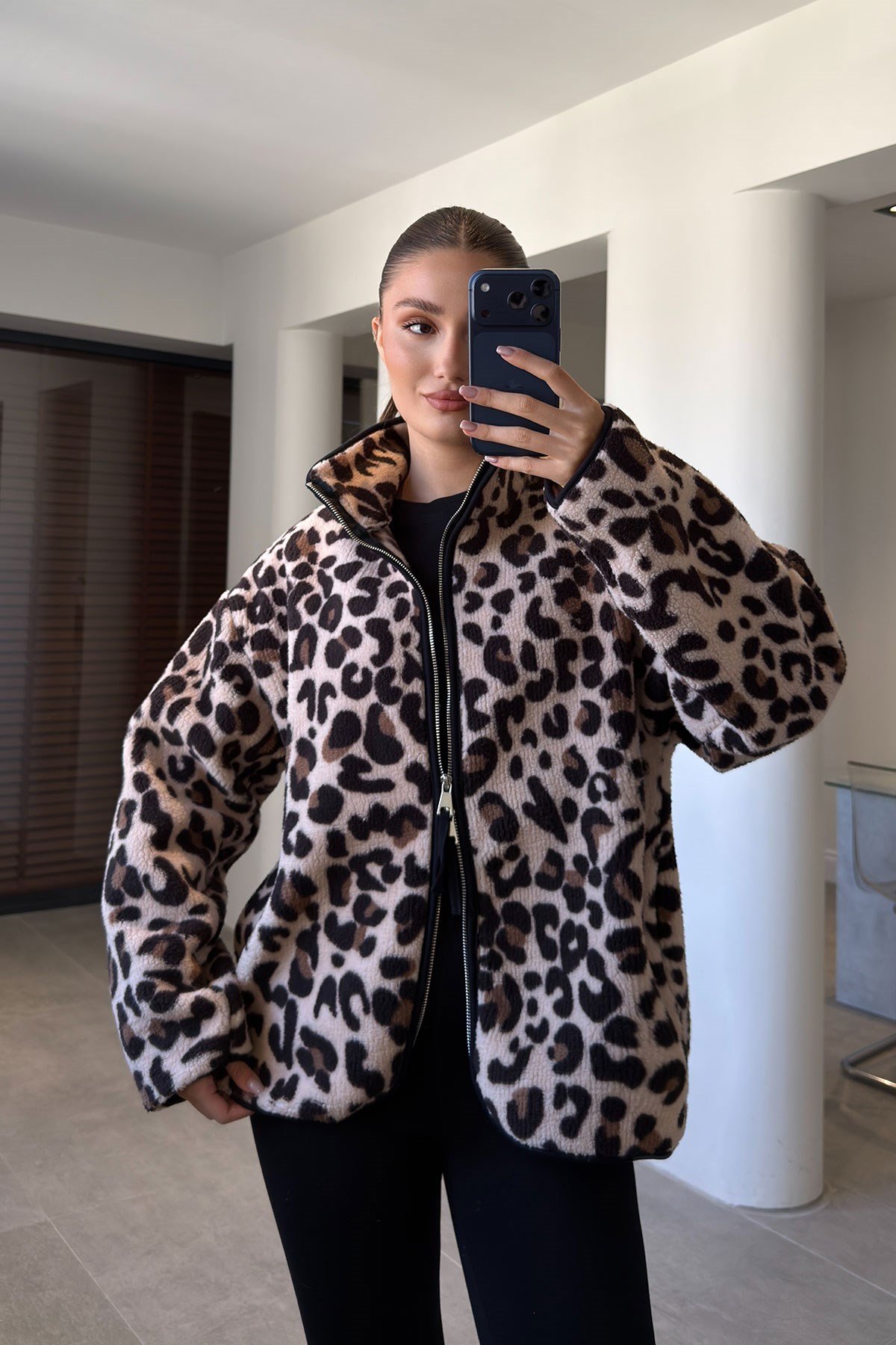 Premium Leopar Desen Fermuarlı Polar- BEJ