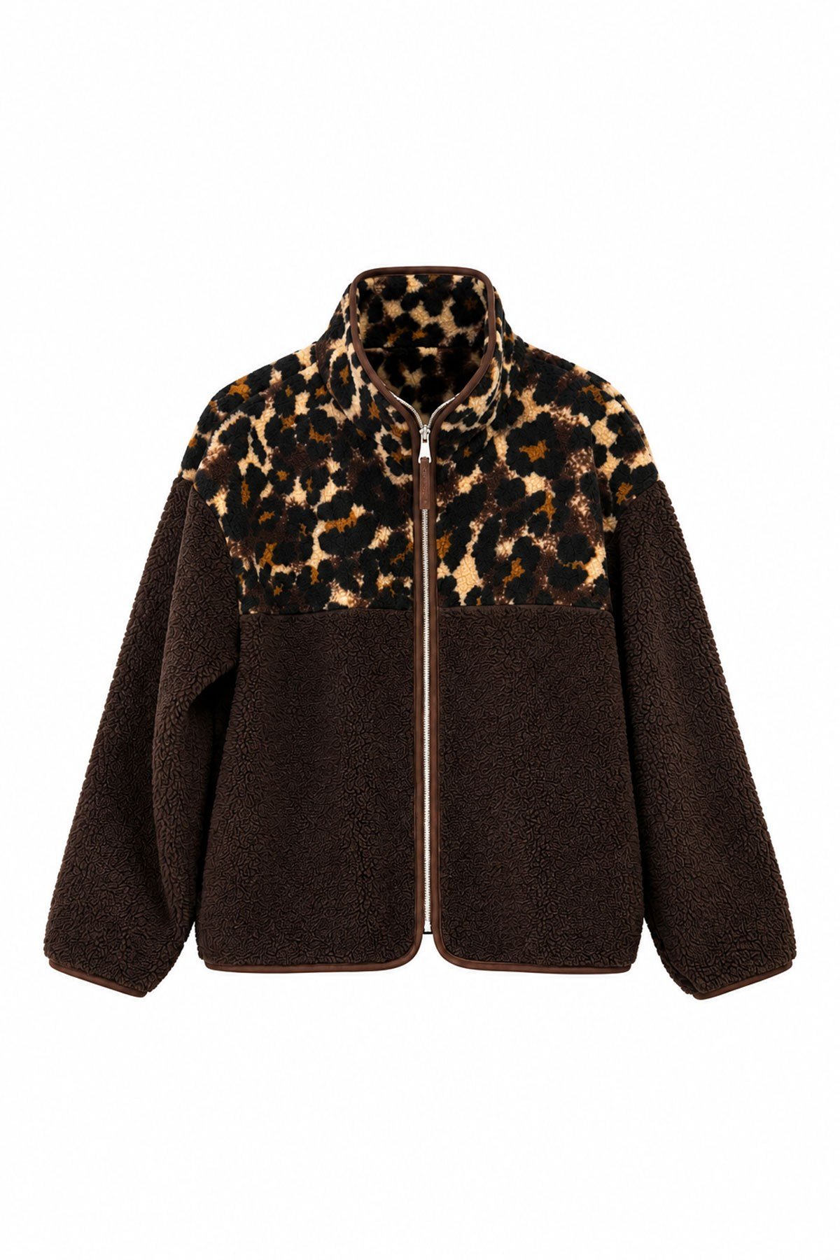 Premium Leopar Desen Fermuarlı Polar- KAHVE-SİYAH