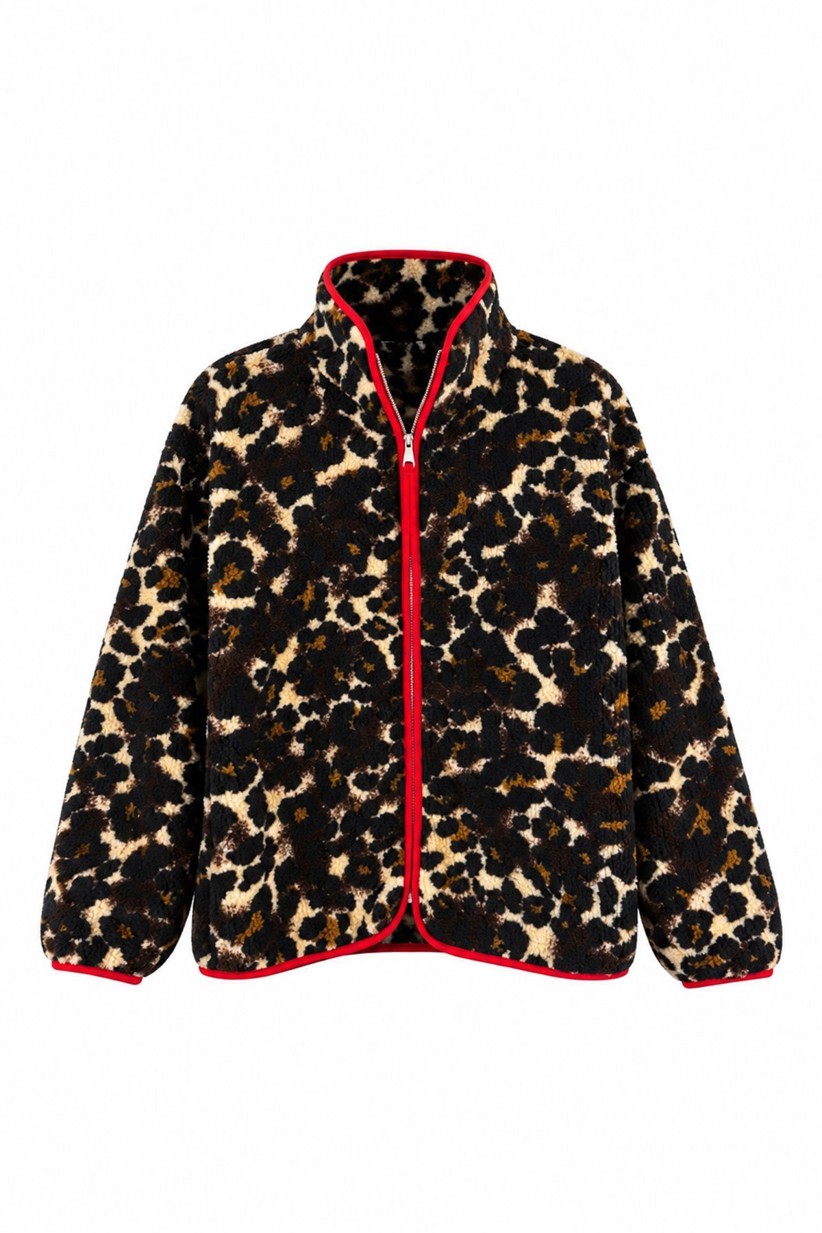 Premium Leopar Desen Fermuarlı Polar- KAHVE KIRMIZI