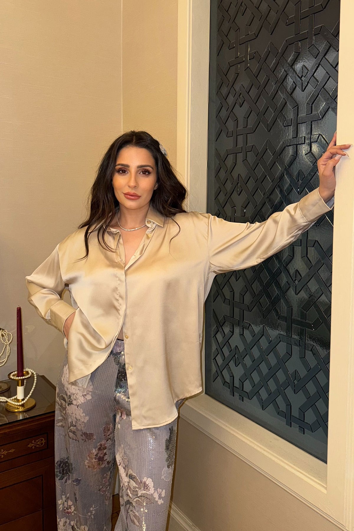 Premium Oversize Saten Gömlek- BEJ