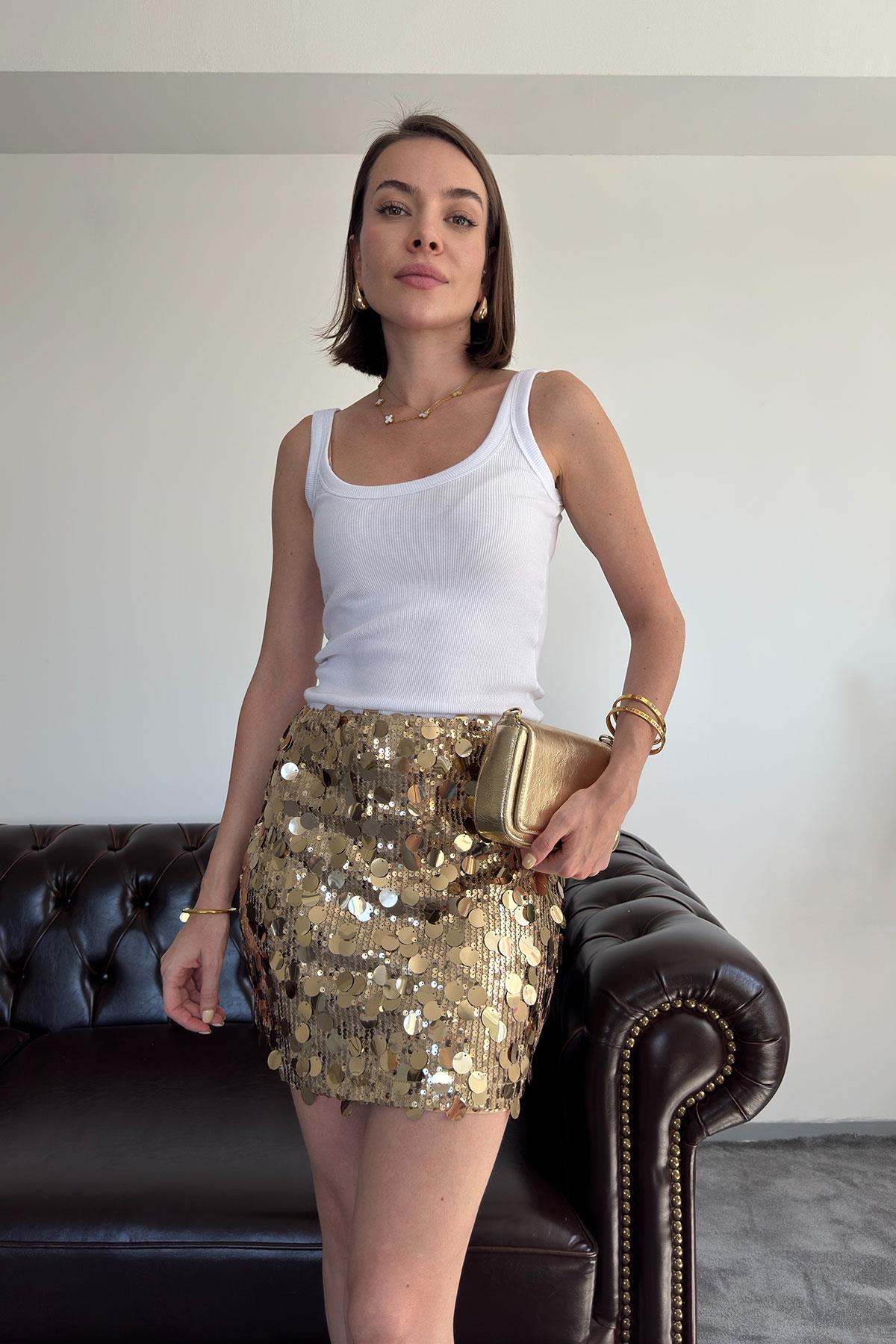 Pul Payetli Premium Etek- GOLD