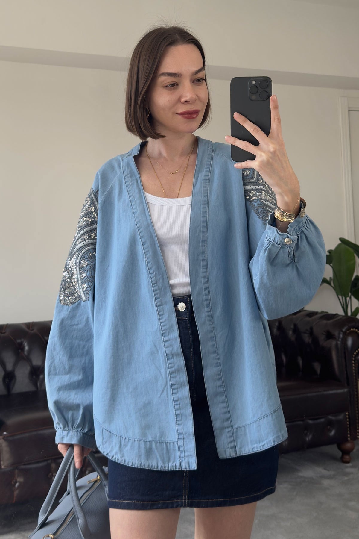 Pullu Premium Jean Kimono- MAVİ