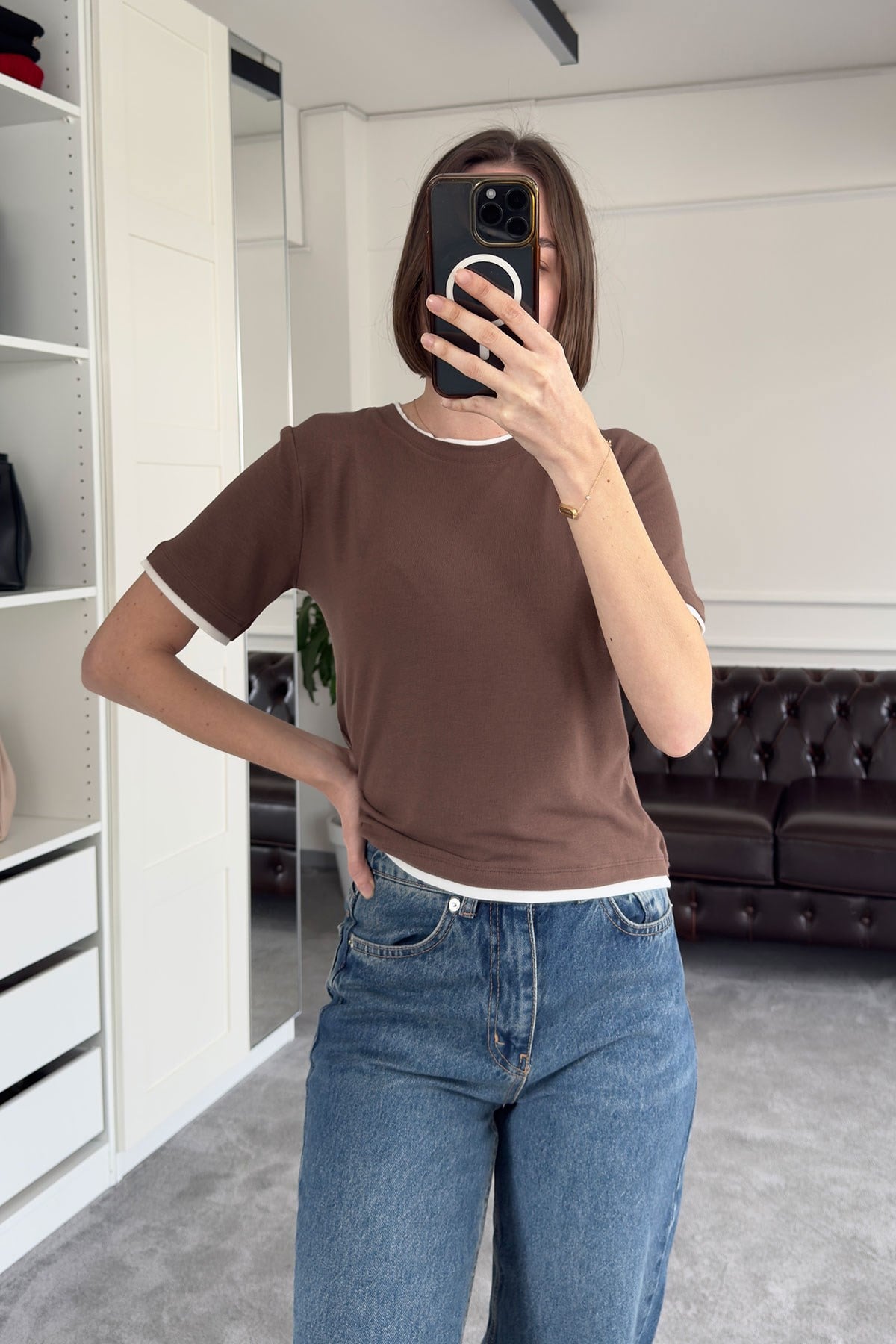 Renk Detay Triko Tshirt- KAHVERENGİ