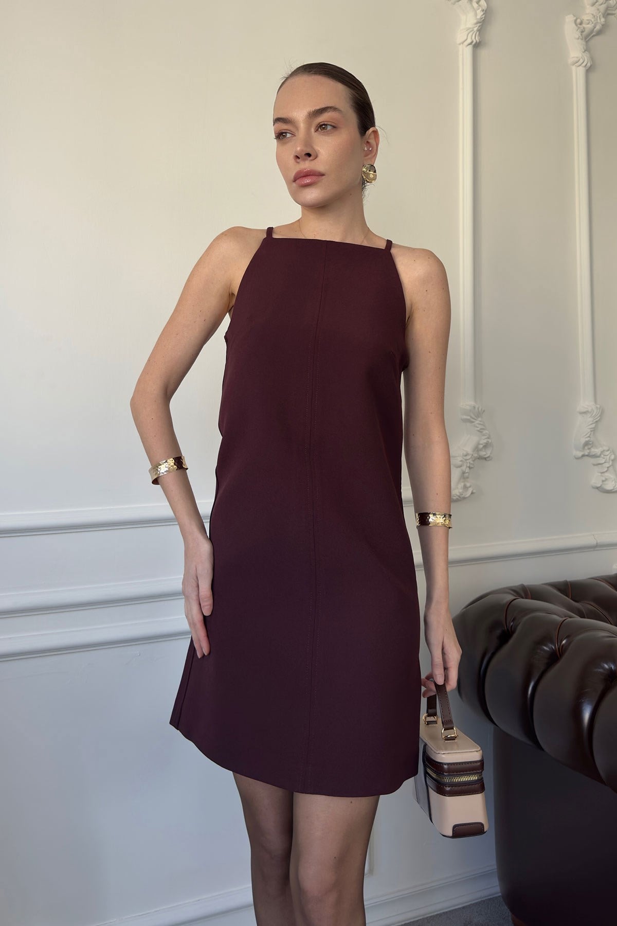 Sıfır Kol Tasarım Mini Elbise- BORDO