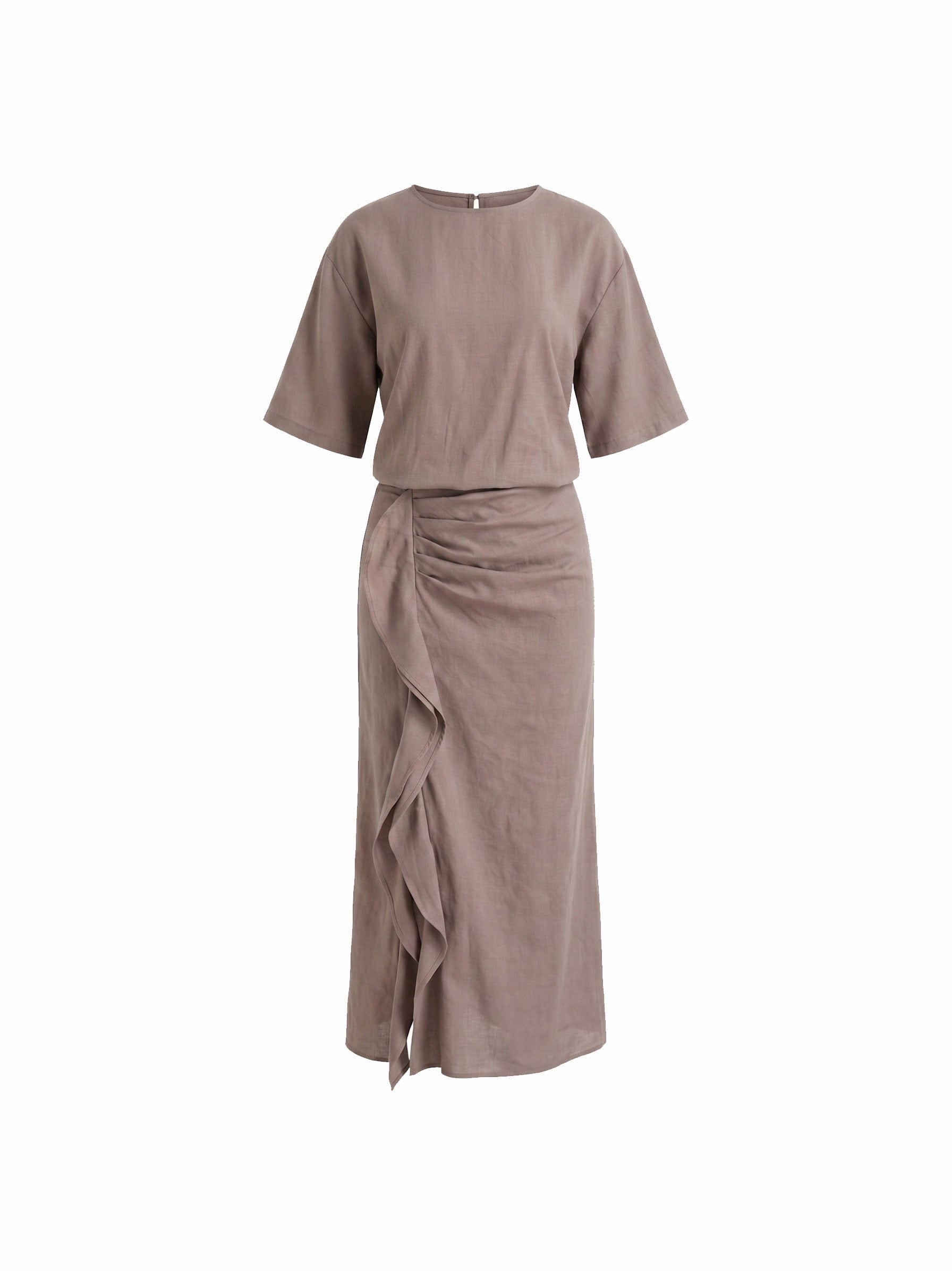 Yarasa Kol Drape Detaylı Maxi Boy Elbise- VİZON