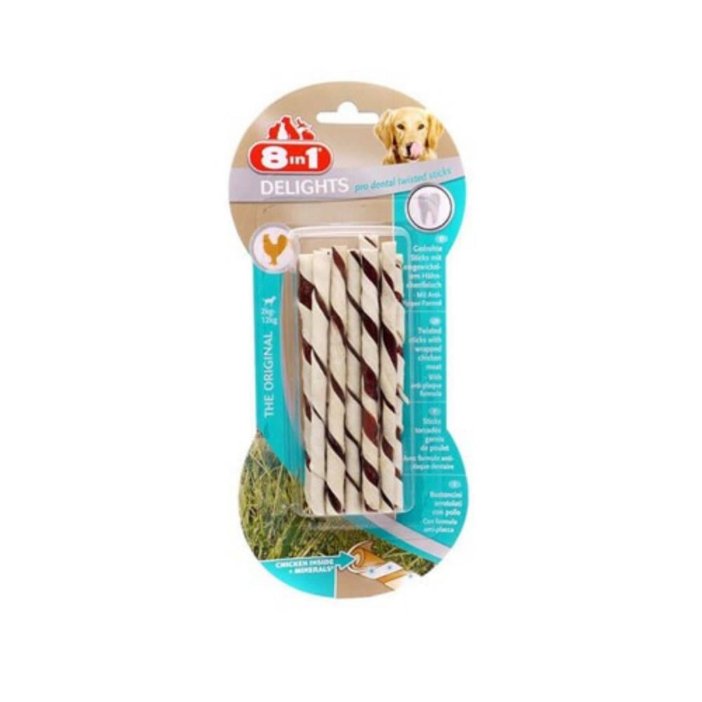 8 In 1 Delights Pro Dental Twisted Sticks Tavuk Etli Köpek Çiğneme Kemiği 55 gr8 in 1
