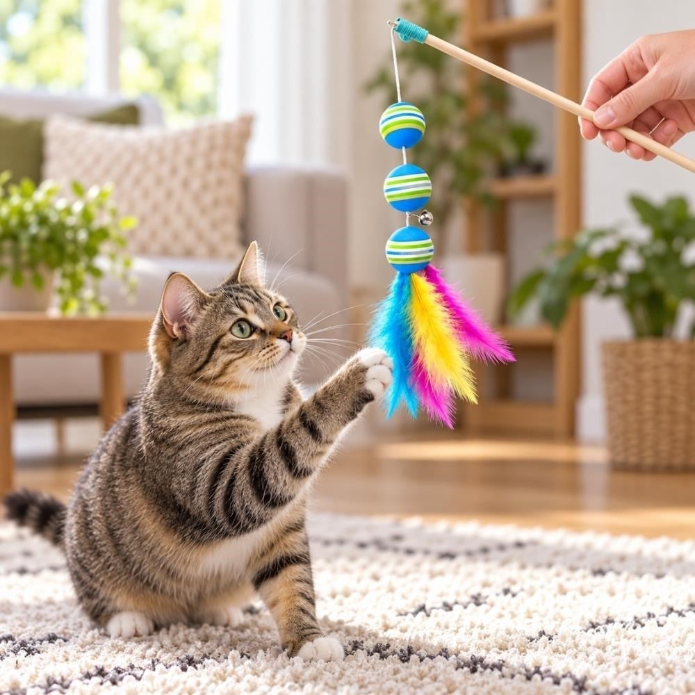 Ahşap Saplı 3 Toplu Kedi Olta OyuncağıHakdem
