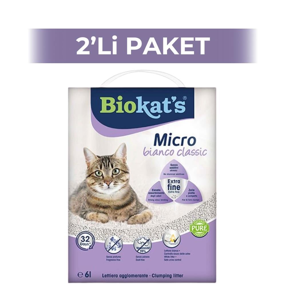 Biokats Micro Bianco Classic Kokusuz Topaklanan Doğal Kedi Kumu 6 lt 2 AdetBiokats