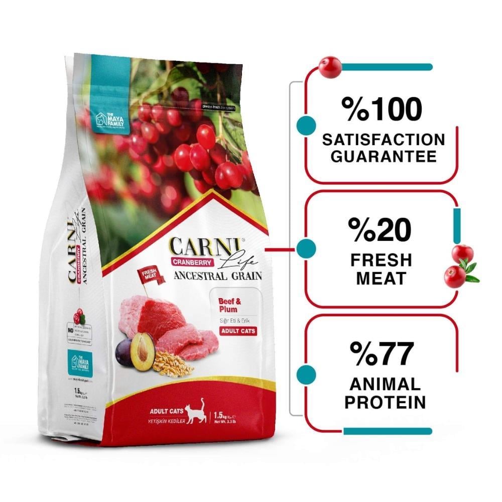 Carni Life Az Tahıllı Sığır Etli ve Erikli Yetişkin Kedi Maması 10 kgCarni Life