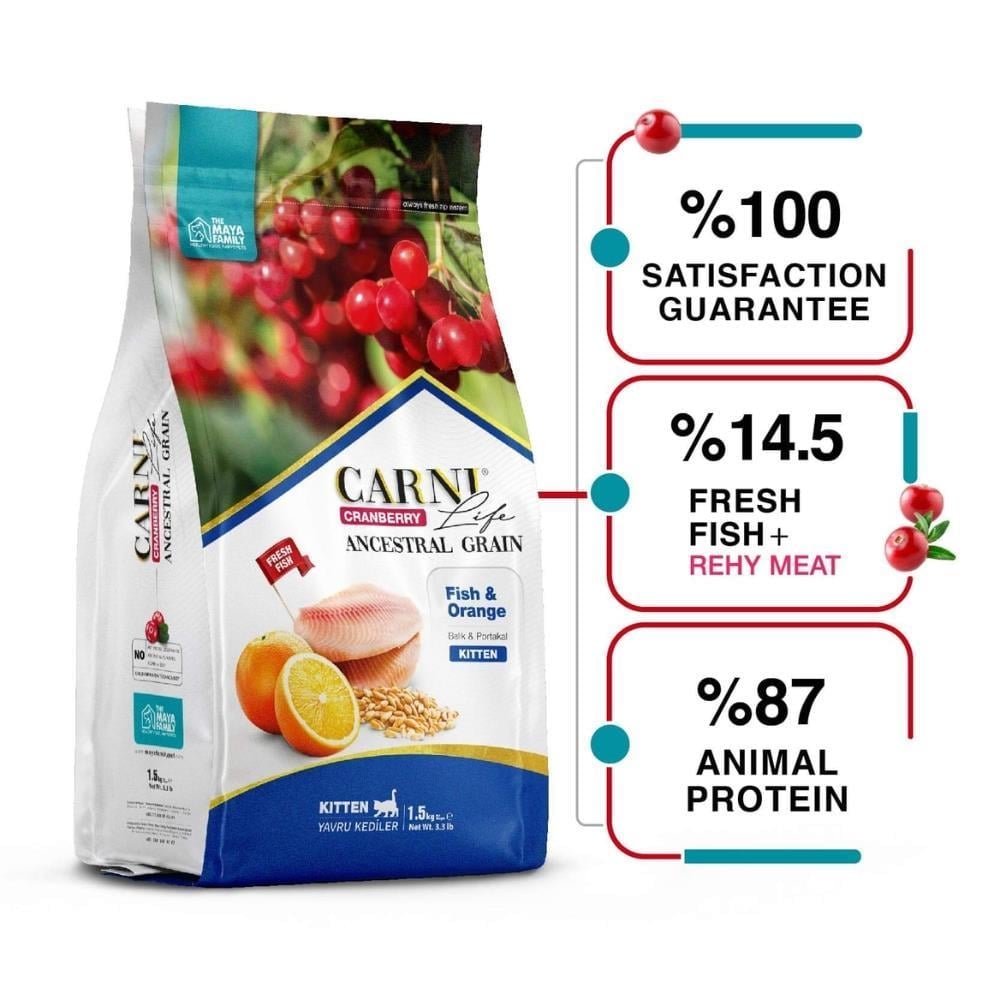 Carni Life Kızılcık Balıklı ve Portakallı Yavru Kedi Maması 1,5 kgCarni Life