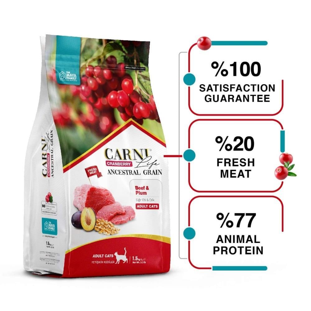 Carni Life Kızılcık Sığır Etli ve Erikli Yetişkin Kedi Maması 1,5 kgCarni Life