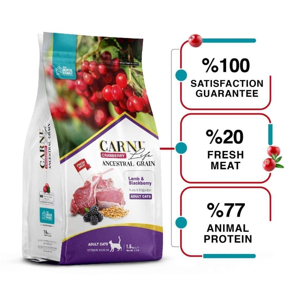 Carni Life Kuzu Eti Böğürtlen Kızılcık Kedi Maması 1,5 kgCarni Life