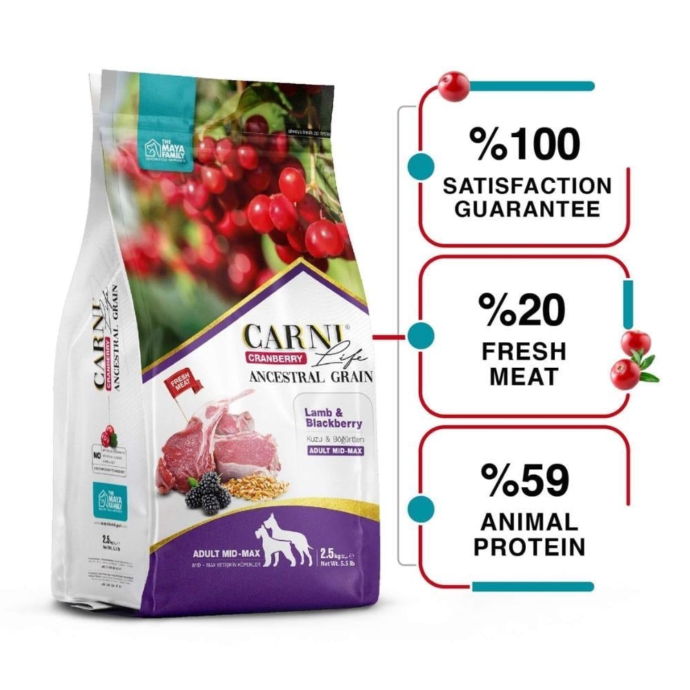 Carni Life Kuzu Etli ve Böğürtlenli Orta Irk Yetişkin Köpek Maması 2,5 kgCarni Life