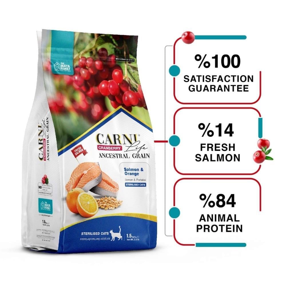 Carni Life Somon Portakal ve Kızılcıklı Kısırlaştırılmış Yetişkin Kedi Maması 5 kgCarni Life
