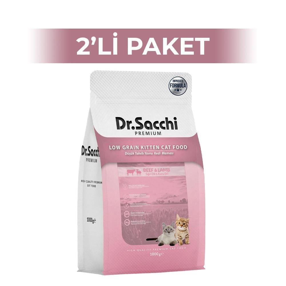 Dr.Sacchi Premium Düşük Tahıllı Sığır ve Kuzu Etli Yavru Kedi Maması 1 kg 2 AdetDr. Sacchi
