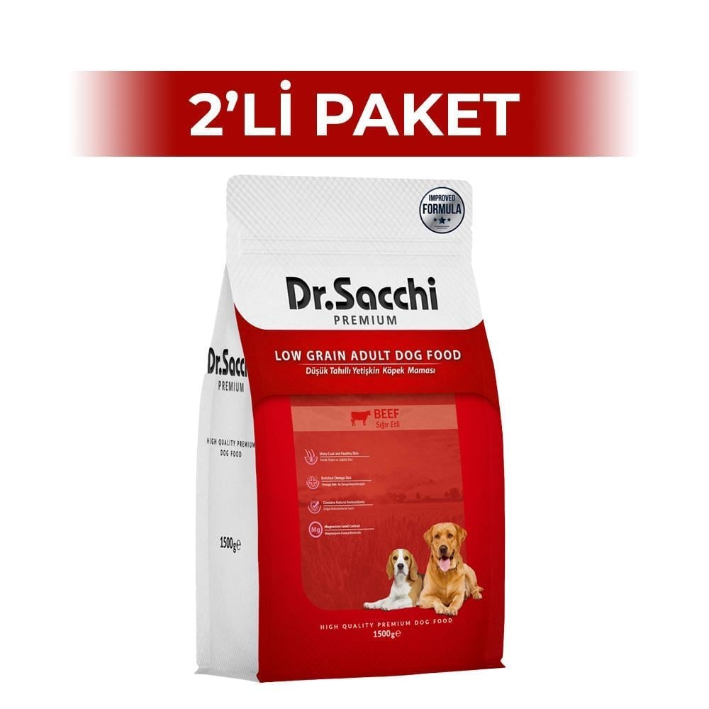 Dr.Sacchi Premium Düşük Tahıllı Sığır Etli Köpek Maması 1,5 kg 2 AdetDr. Sacchi