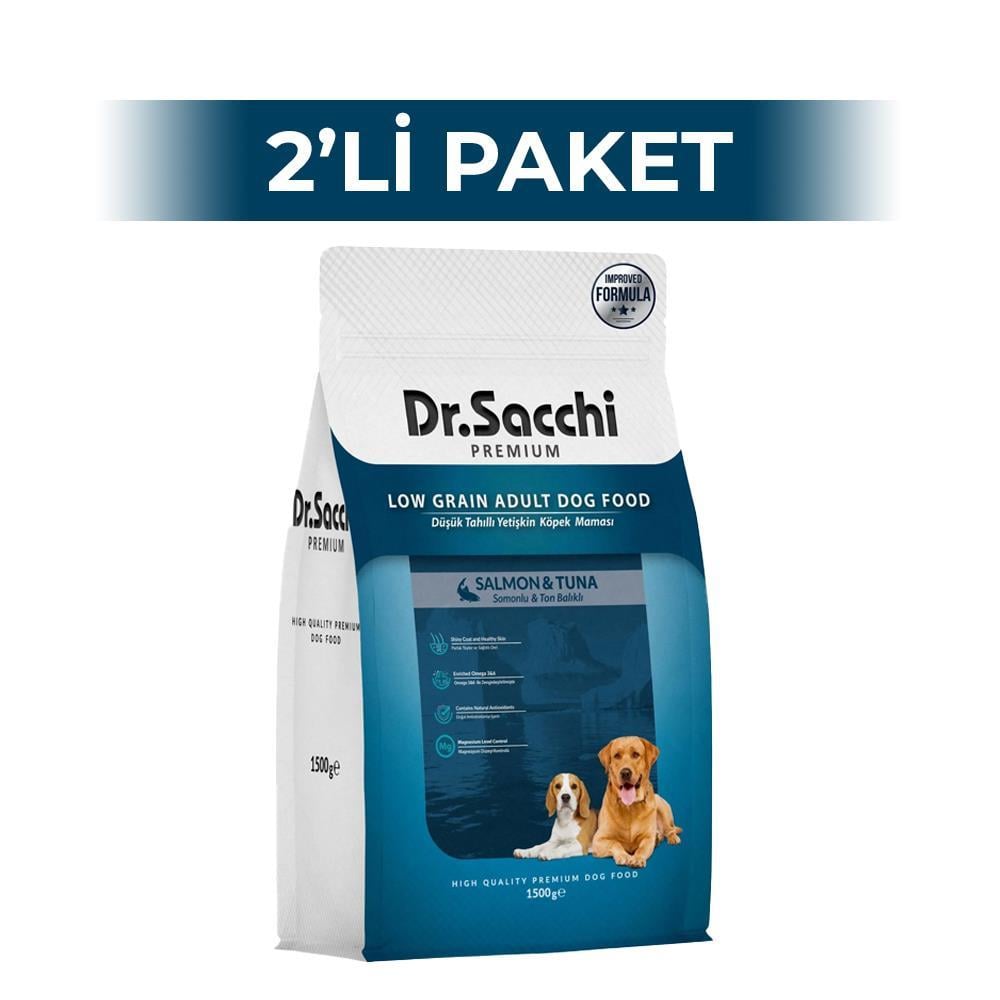 Dr.Sacchi Premium Düşük Tahıllı Somonlu ve Ton Balıklı Köpek Maması 1,5 kg 2 AdetDr. Sacchi