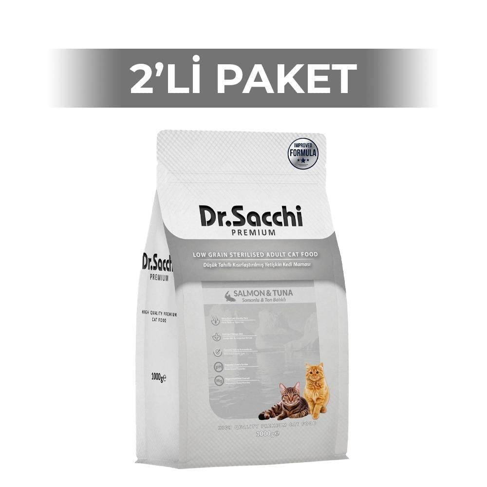 Dr.Sacchi Premium Düşük Tahıllı Somonlu ve Ton Balıklı Kısırlaştırılmış Kedi Maması 1 kg 2 AdetDr. Sacchi