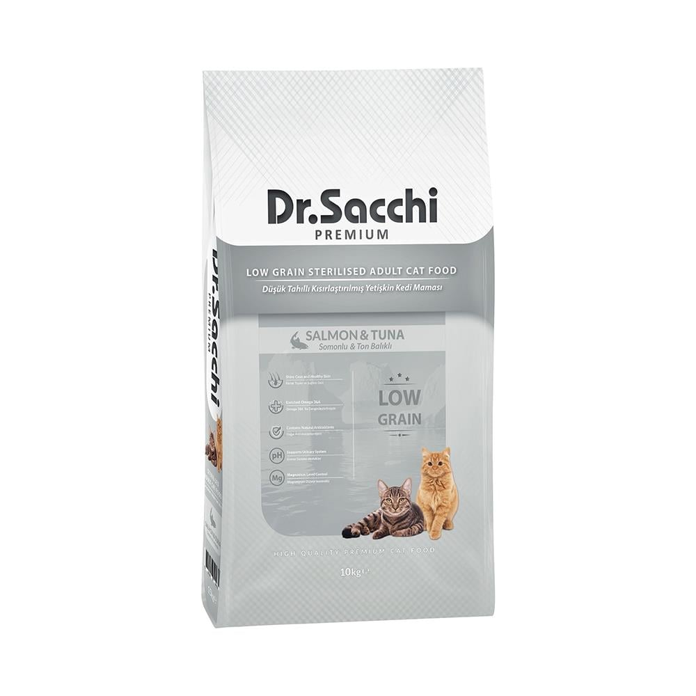 Dr.Sacchi Somonlu ve Ton Balıklı Düşük Tahıllı Kısırlaştırılmış Kedi Maması 10 kgDr. Sacchi