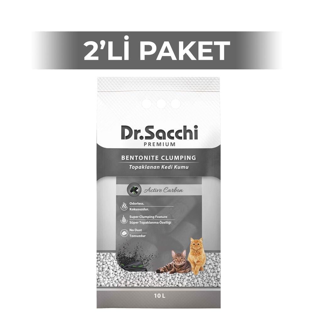 Dr.Sacchi Süper Emici Aktif Karbon Topaklanan Bentonit Doğal Kedi Kumu 10 lt 2 AdetDr. Sacchi