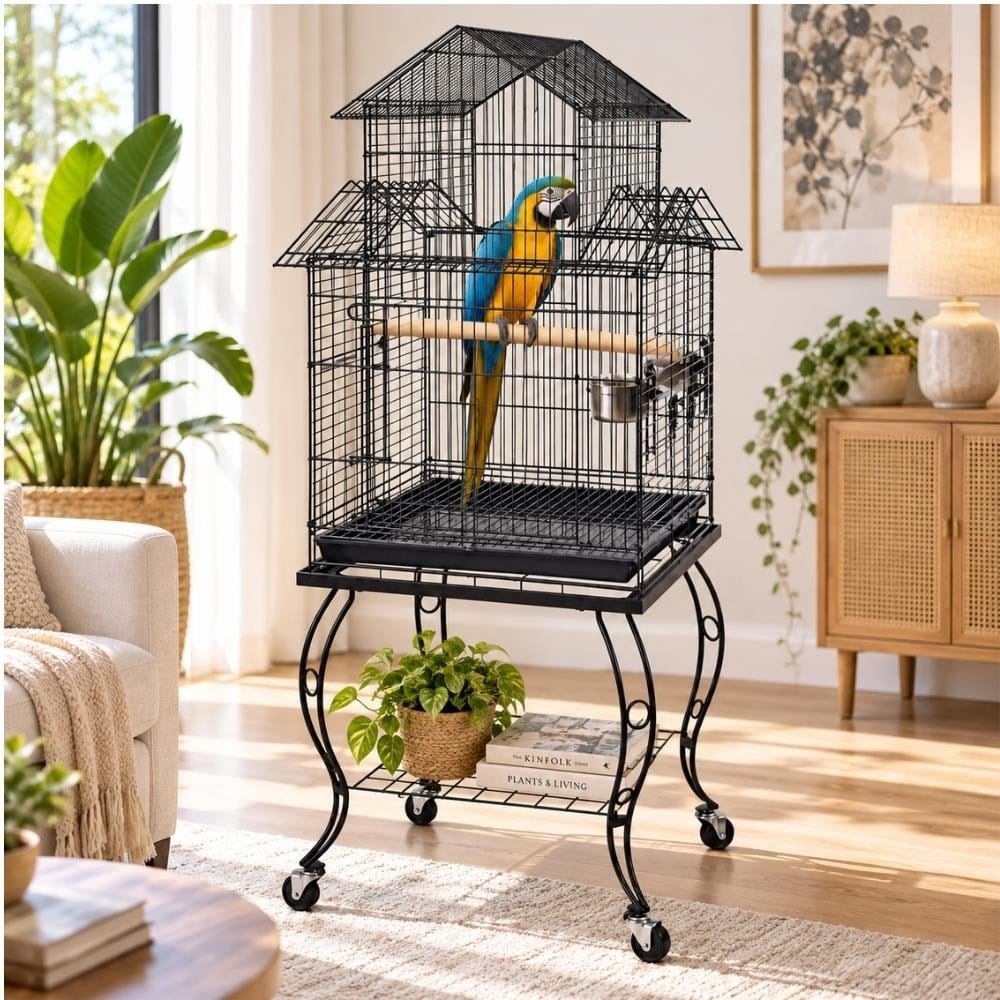 EuroGold Qh Pet Cage Sehpalı Demir Dövme Papağan Kafesi Pirinç 51 x 51 x 139 cmEuroGold