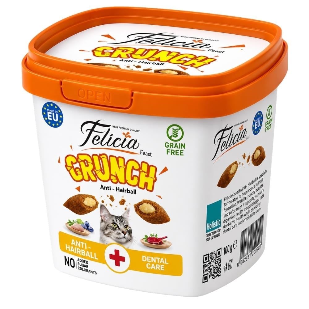 Felicia Crunch Hairball Tavuklu Yaban Mersinli ve Sütlü Kedi Ödül Maması 100 grFelicia