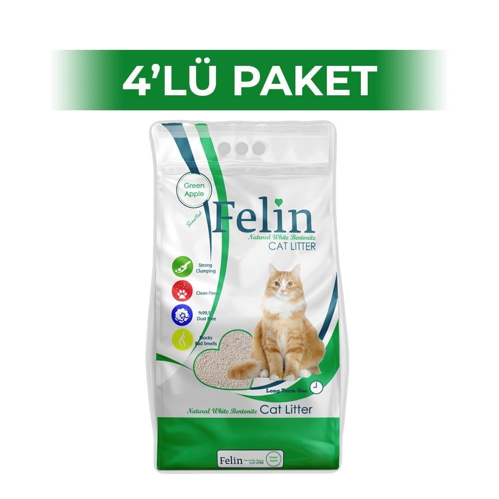 Felin Topaklaşan Elmalı Bentonit Kedi Kumu 5 lt x 4 AdetFelin
