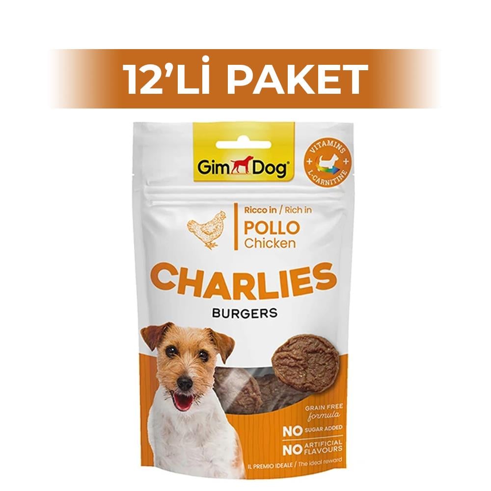 GimDog Charlies Burger Tavuklu Tahılsız ve Şekersiz Köpek Ödül Maması 70 gr 12 AdetGimdog