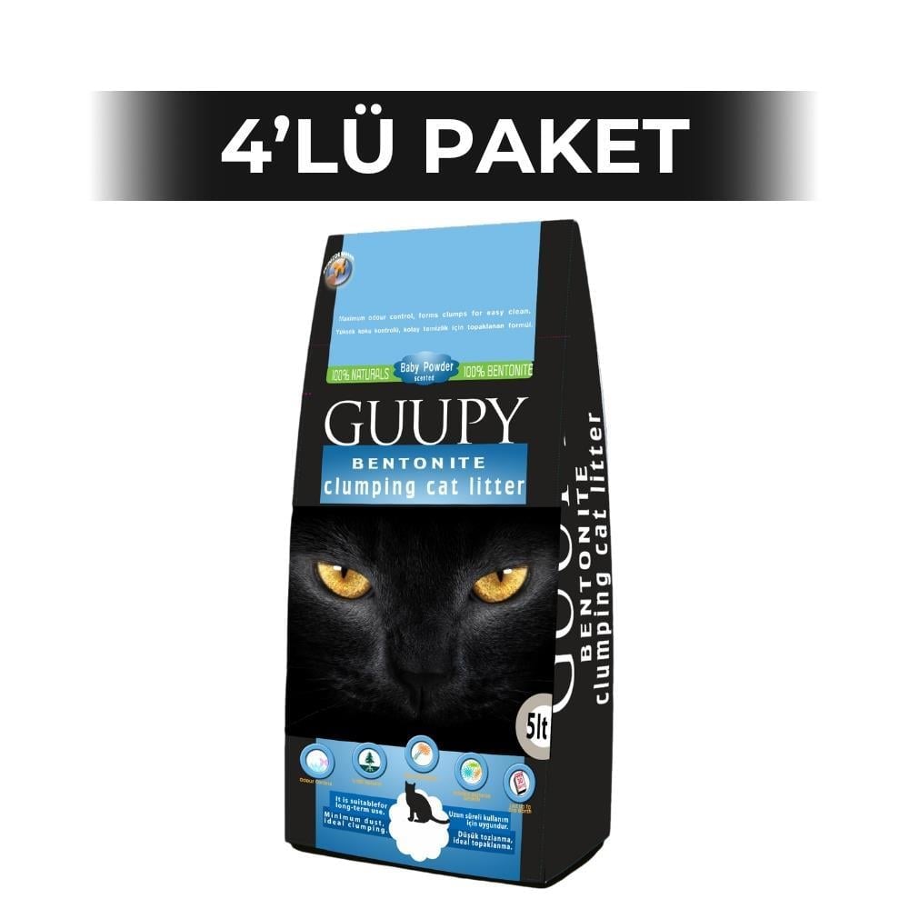 Guupy Bentonit Topaklanan Bebek Pudrası Kokulu Kedi Kumu 5 lt 4 AdetGuupy