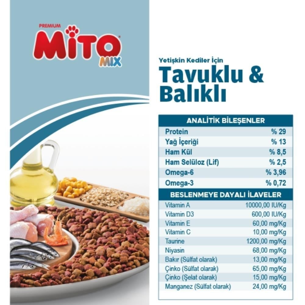 Mito Mix Tavuklu ve Balıklı Yetişkin Kedi Maması 15 kgMito
