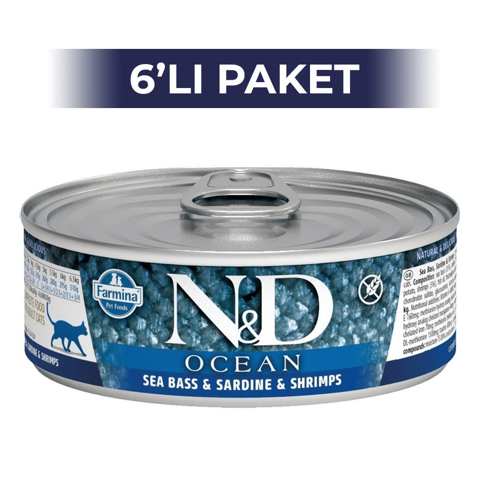 N&D Ocean Tahılsız Levrek Sardalya ve Karidesli Kedi Konservesi 80 gr 6 AdetND