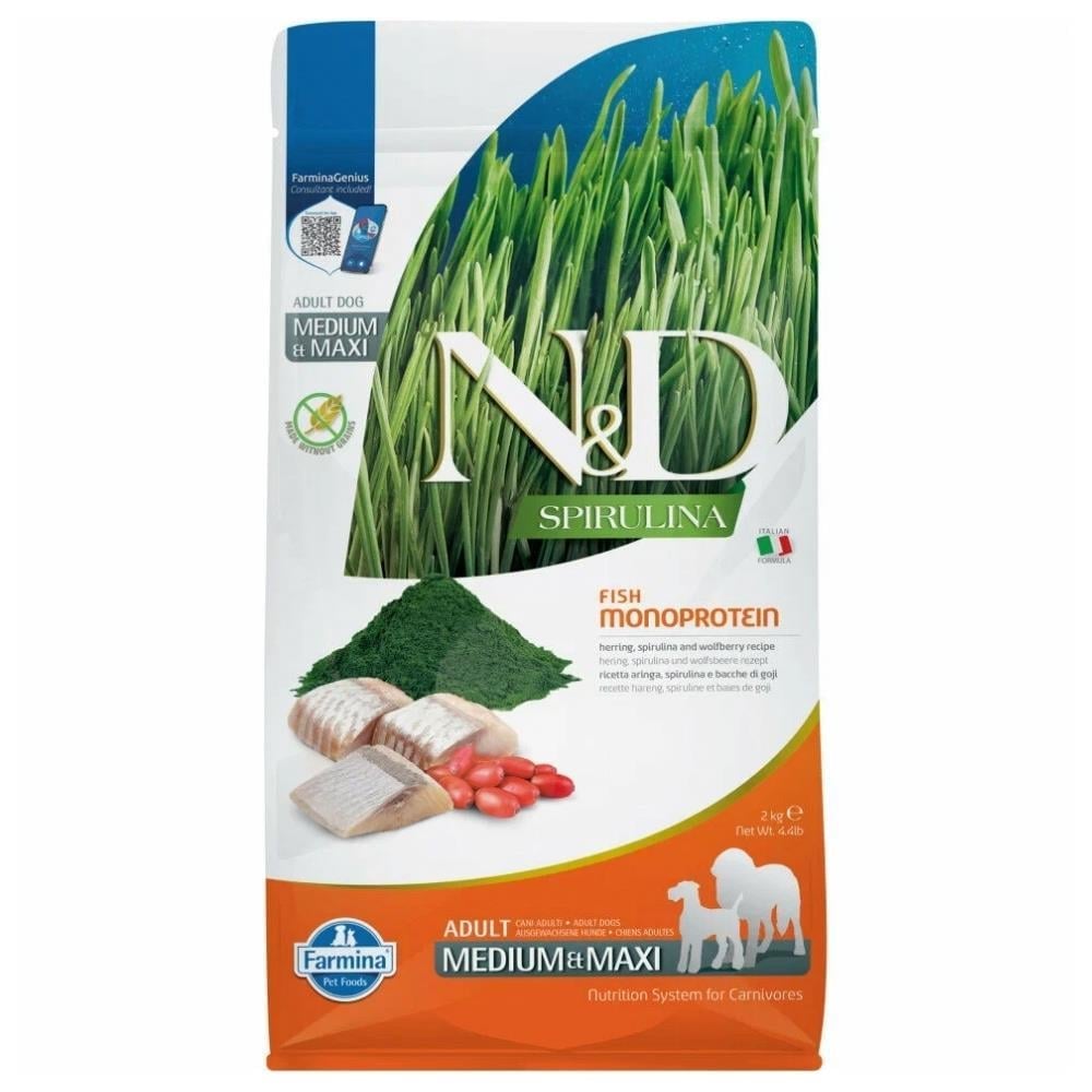 N&D Spirulina Tahılsız Ringa Balıklı Orta ve Büyük Irk Yetişkin Köpek Maması 7 kgND
