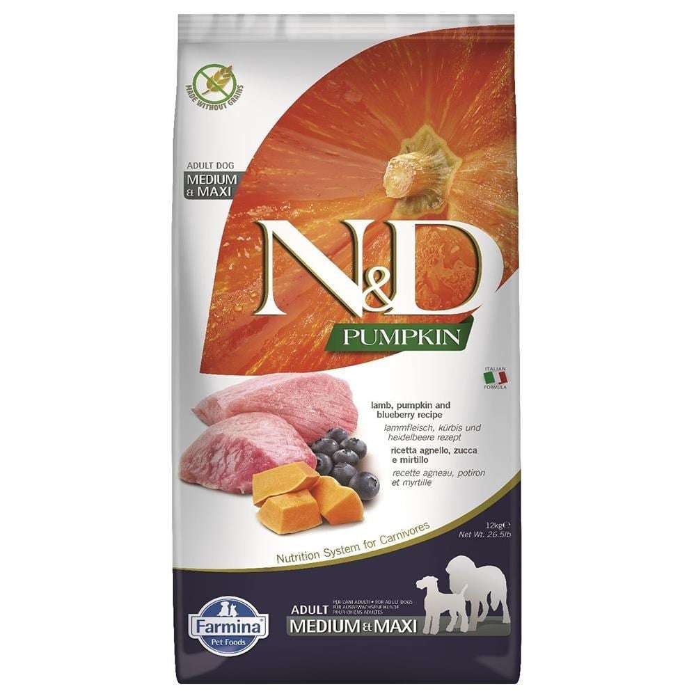 N&D Tahılsız Balkabaklı Kuzulu ve Yaban Mersinli Orta ve Büyük Irk Köpek Maması 12 kgND