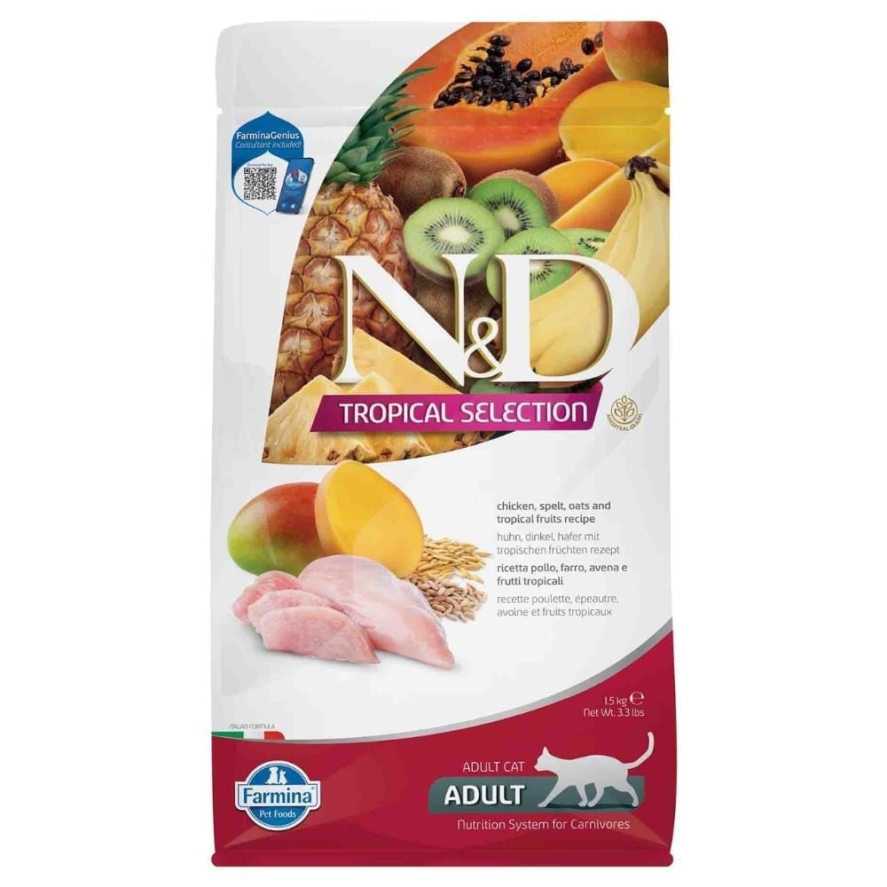 N&D Tropical Selection Tavuklu ve Tropikal Meyveli Yetişkin Kedi Maması 1,5 kgND