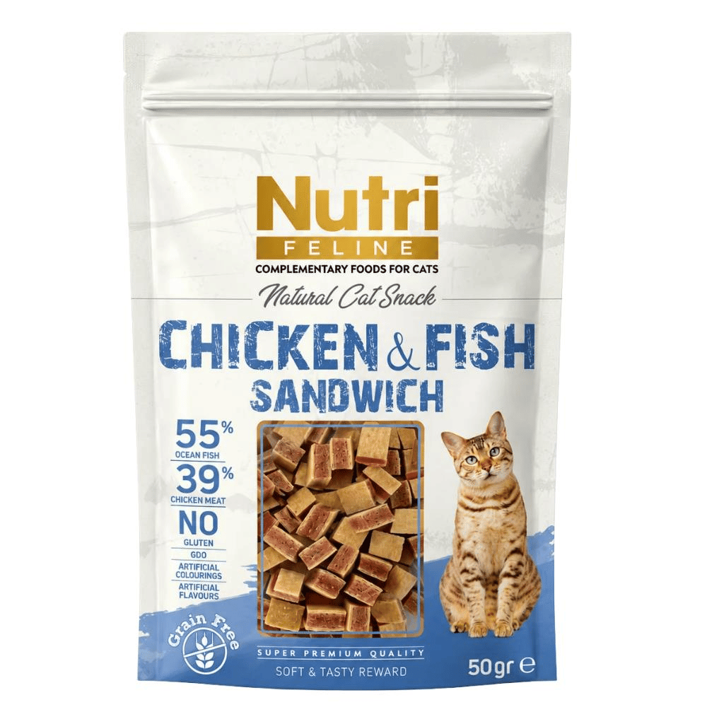 Nutri Feline Okyanus Balıklı ve Tavuk Etli Tahılsız Sandviç Kedi Ödül Maması 50 grNutri Feline