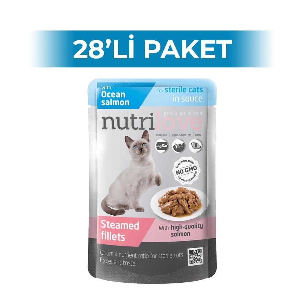 Nutrilove Somonlu Kısırlaştırılmış Pouch Yaş Kedi Maması 85 gr 28 AdetNutrilove