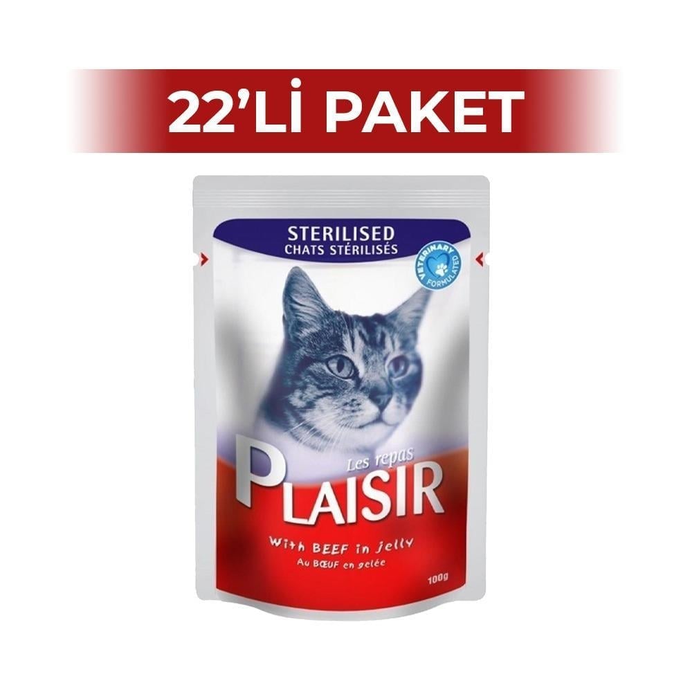 Plaisir Sığır Etli Kısırlaştırılmış Pouch Yaş Kedi Maması 100 gr x 22 AdetPlaisir