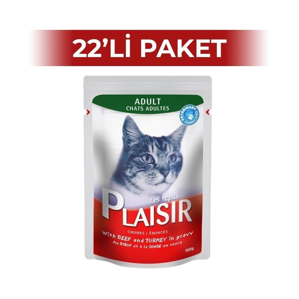 Plaisir Sığır Etli ve Hindili Yetişkin Kedi Pouch Yaş Maması 100 gr x 22 AdetPlaisir