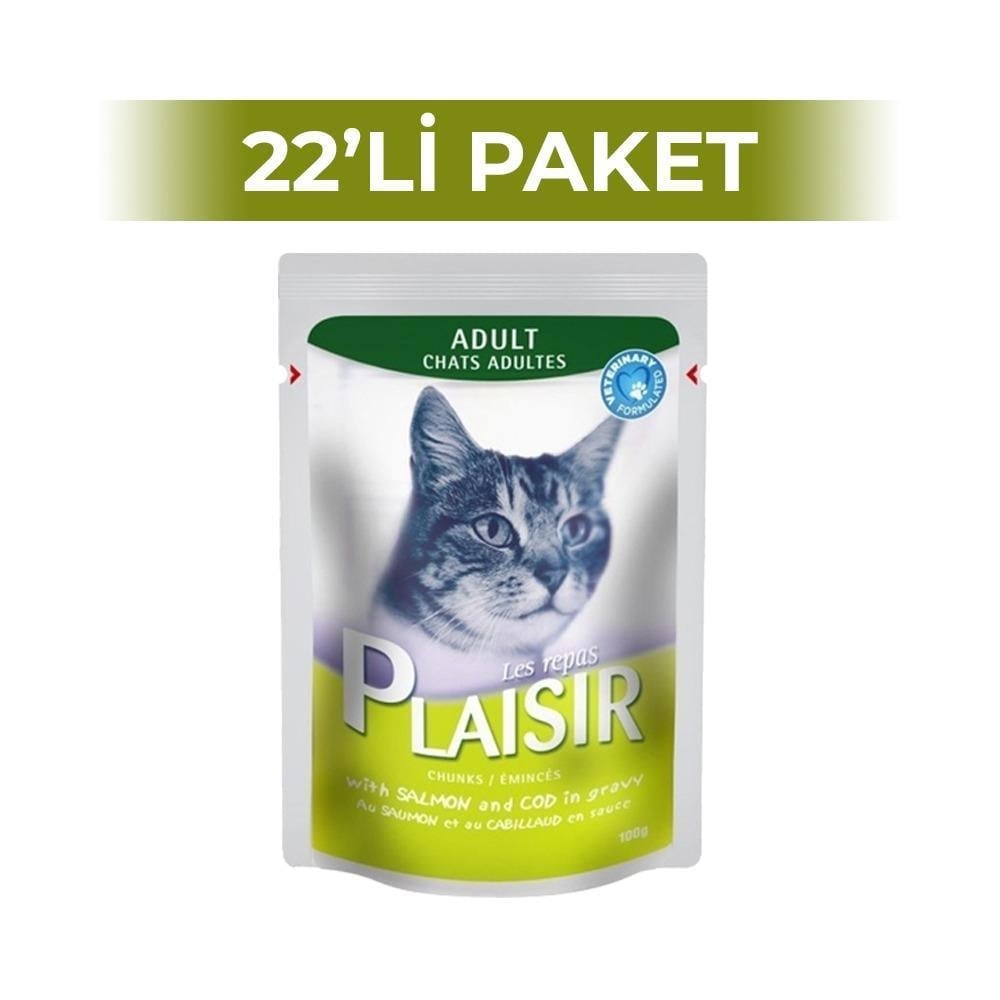 Plaisir Somon ve Morina Balıklı Yetişkin Kedi Pouch Yaş Maması 100 gr x 22 AdetPlaisir