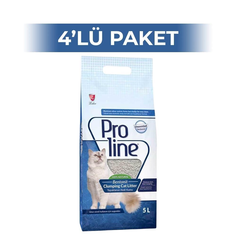 Proline Topaklanan İnce Taneli Parfümsüz Bentonit Kedi Kumu 5 lt 4 AdetProline