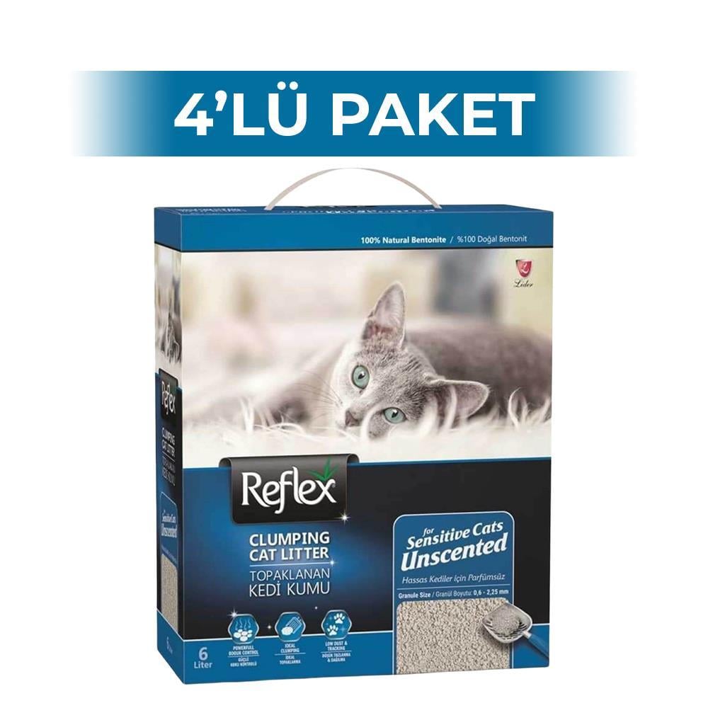 Reflex Hassas Kediler için Kokusuz Süper Hızlı Topaklanan Kedi Kumu 6 lt 4 AdetReflex