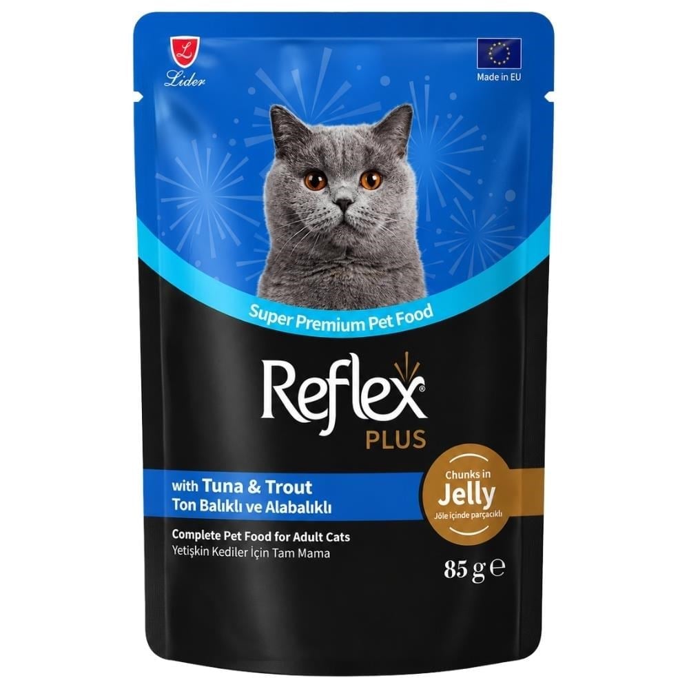 Reflex Plus Jöle İçinde Parça Ton Balıklı ve Alabalıklı Yetişkin Kedi Yaş Maması 85 grReflex Plus