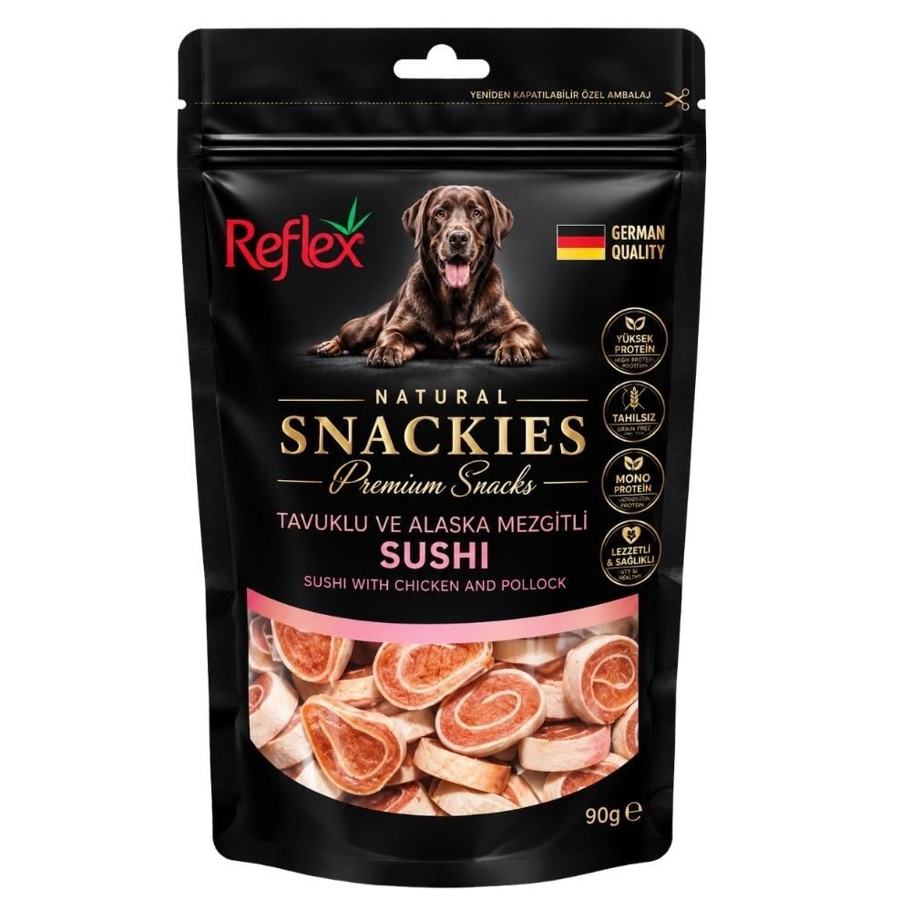 Reflex Snackies Natural Tavuklu ve Alaska Mezgitli Sushi Tahılsız Köpek Ödül Maması 90 grReflex