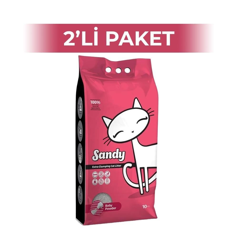 Sandy Bebek Pudralı Sodyum Bentonit Gri Kedi Kumu 10 kg 2 AdetSandy