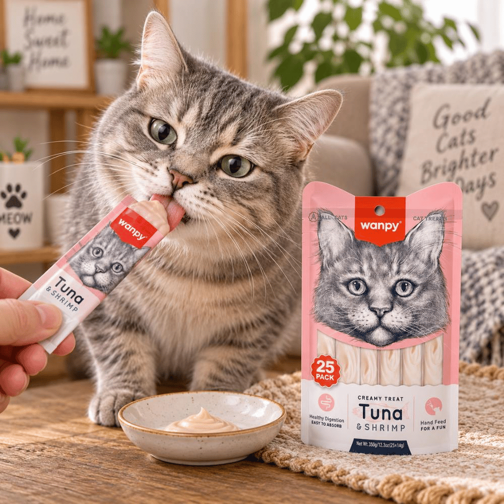 Wanpy Ton Balıklı ve Karidesli Sindirim Destekleyici Kedi Krema Ödül Maması 25x14 grWanpy