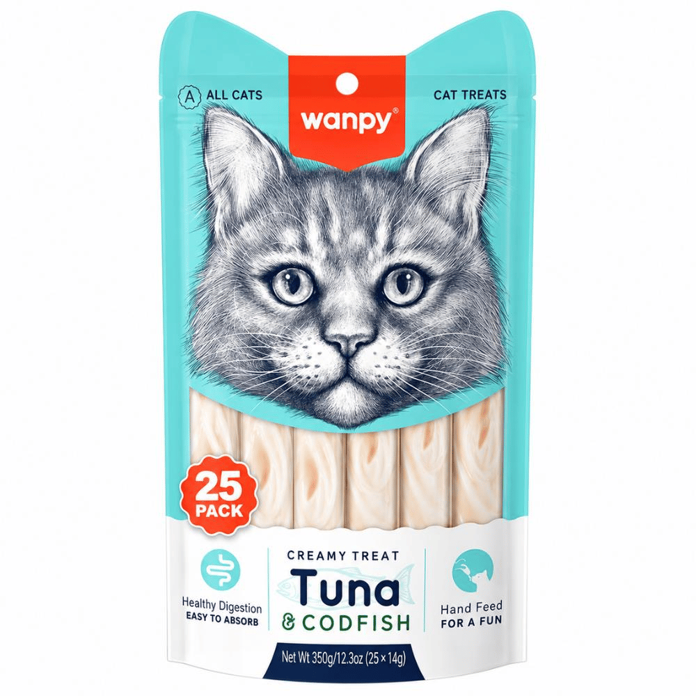 Wanpy Ton Balıklı ve Morina Balıklı Sindirim Destekleyici Kedi Krema Ödül Maması 25x14 grWanpy